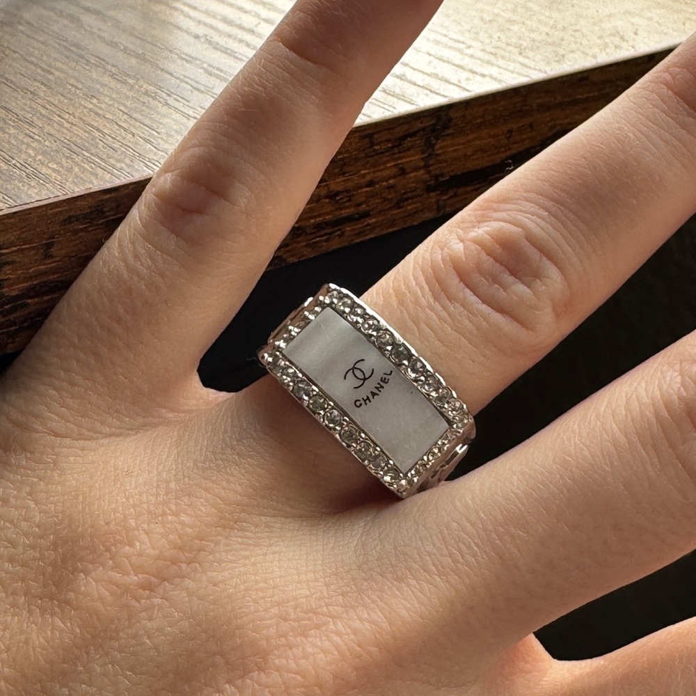 CHANEL Silver and White Crystal Embellished Ring